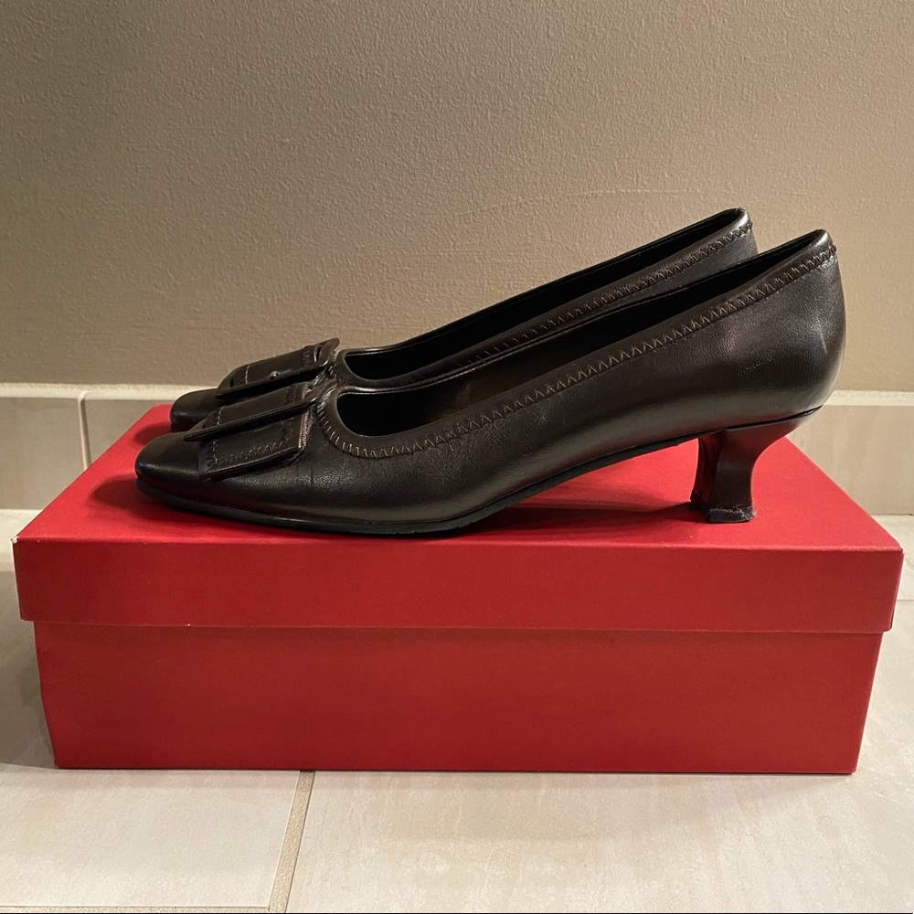 Vaneli Brown Leather Kitten Heels with Buckles - Picture 2 of 3